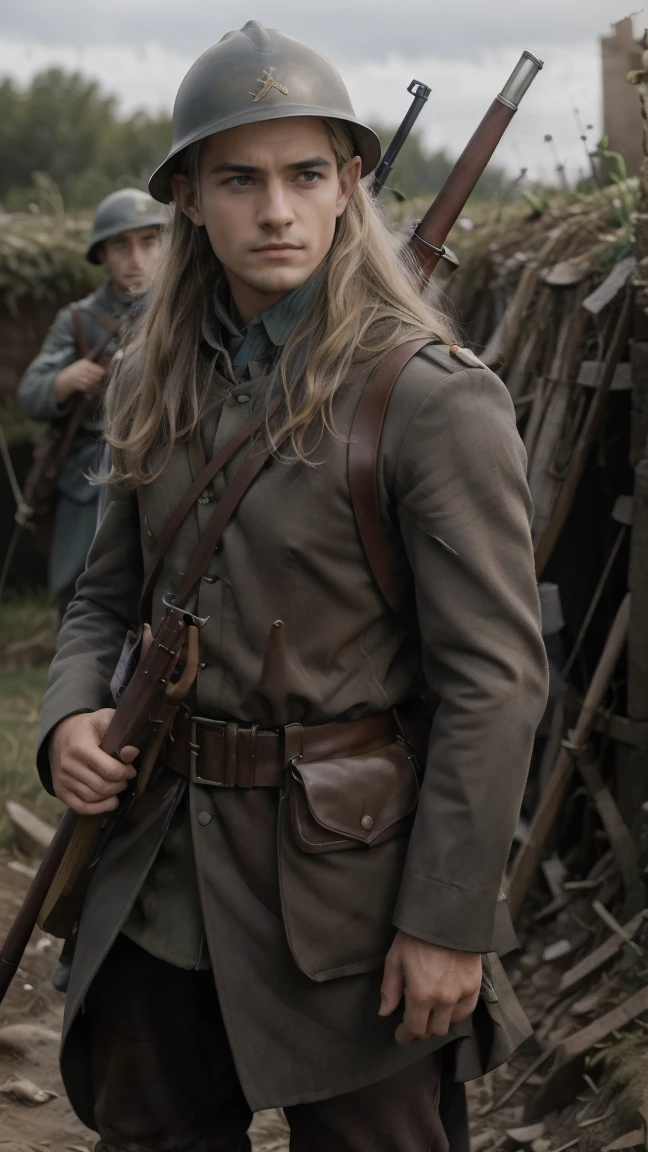 (masterpiece), best quality, expressive eyes, perfect face, All quiet on western Front, man, trenches, dirty, Legolas, elven , uniform, realistic, HD, Rifle, Orlando Bloom, big bag, French army, regiment, France, aiming position, pov, Far view, shot, shooting, fighting, Johto