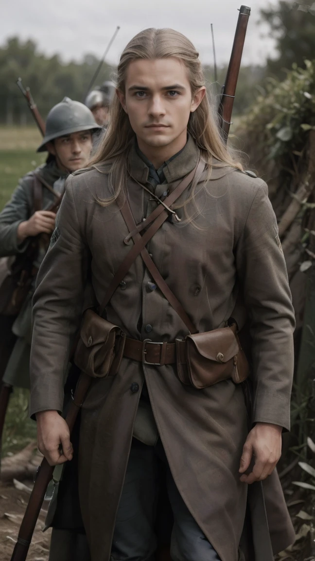 (masterpiece), best quality, expressive eyes, perfect face, All quiet on western Front, man, trenches, dirty, Legolas, elven , uniform, realistic, HD, Rifle, Orlando Bloom, big bag, French army, regiment, France, aiming position, pov, Far view, shot, shooting, fighting, Johto