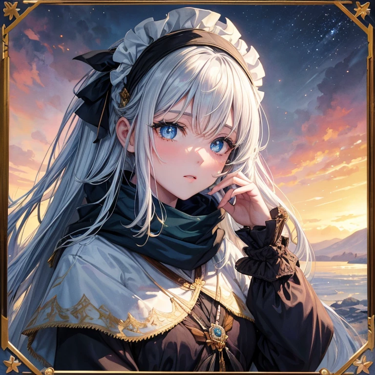 (8K, best quality, masterpiece: 1.2), (best quality: 1.0), (Ultra-high resolution: 1.0), watercolor, A beautiful woman, (Shining pupils,Blue pupils),Shoulder, scarf, Agnes Cecil, bust, Extremely bright design, Soft colors, Autumn Lights, Melancholy Gray, Gritty StyleAlexei Savlasov, Ivan Shishkin, Ilya Repin, (Card decoration: 1.2), 2D, (painting: 1.2) Very detailed