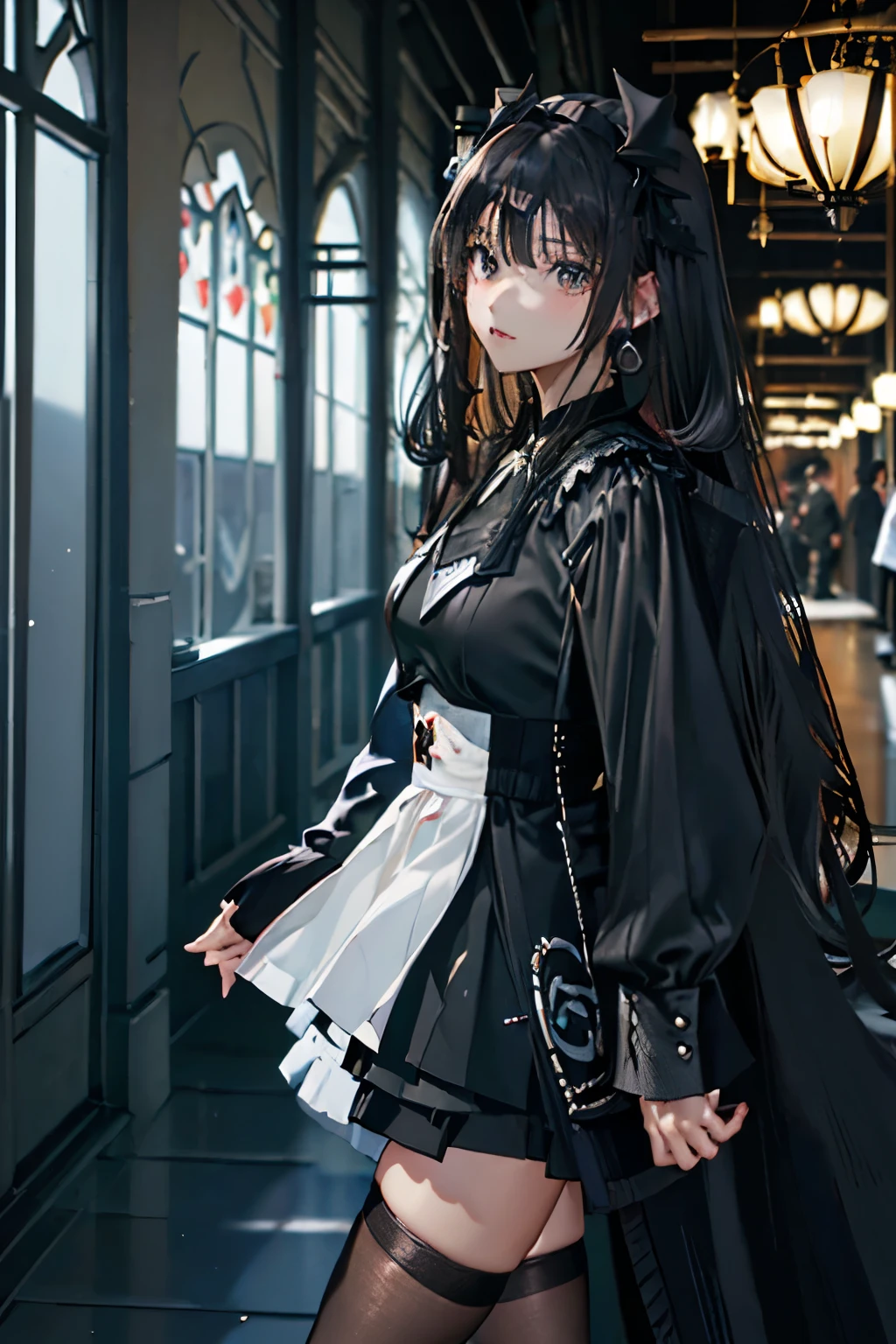 best quality)), ((Masterpiece)), (details), ((.Sharp picture)). ((.Pictures of handicrafts.)) 1 woman with long black hair, black eyes, wearing a white office dress. Black coat, black skirt, black stockings, high heels white headband Silver color earrings 