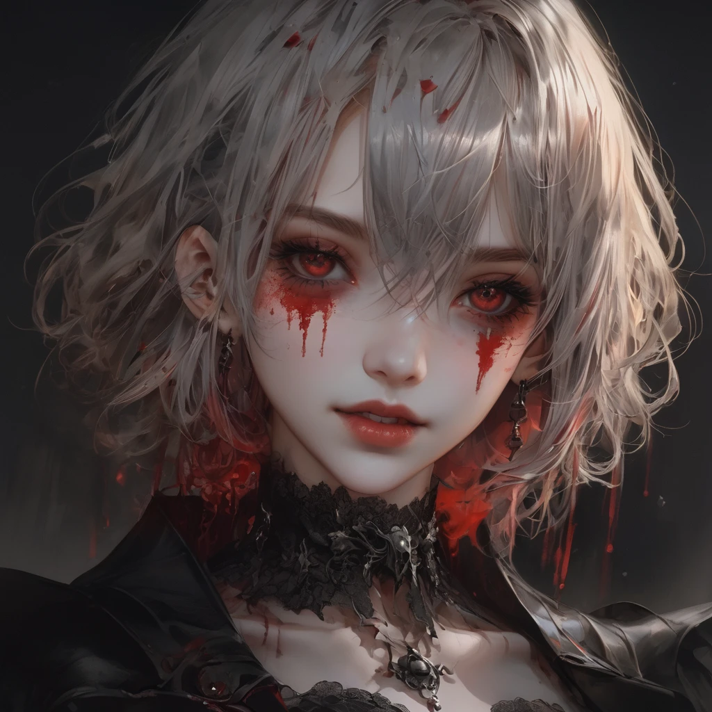 (8K, RAW Photos, Highest quality, masterpiece:1.2),(Realistic, photo-Realistic),Photo Background,Face-only photo,Draw only the face,Look up,Face shot,Scythe Face,Girl Monster, slave,beautiful, Detailed portrait, Delicate facial features, Sharp Eye, Sharp Fangs, Pale skin, Thick chain, Dark Background, Cinema Lighting, Dramatic Shadows, Gothic style, Gloomy atmosphere, Dark fantasy, One Woman, , Please open your mouth wide, 口を開けてteethをむき出しにする,獣のような鋭いteeth, Wide lips, very wide mouth, Vermilion cheeks, ,(Blood splatter:1.6),Scary face, Laughter、 Twisted smile、Bloodstained、bleeding from the head,,、Blood splatter、,(Blood splatter:1.6),, Horror Style,Multiple bats flying around, Midnight Cemetery、dawn、Red full moon、darkRedVampire、red and black bat、Red rain、Batware、Put on the bat、Witch Costume、Gothic Dress、Open your mouth、Licking my tongue、Vampire Fangs、Fascinating美しさ、Fascinating、Black Rose、skull、Red eyes、八重teeth、teeth、不自然にPale skin、Black gloves, (Blood splatter:1.5)