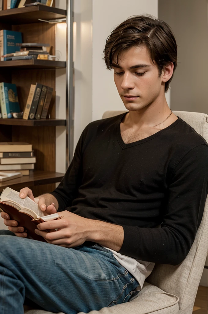 Make me a young man who is sitting reading a book with a hand holding his chin