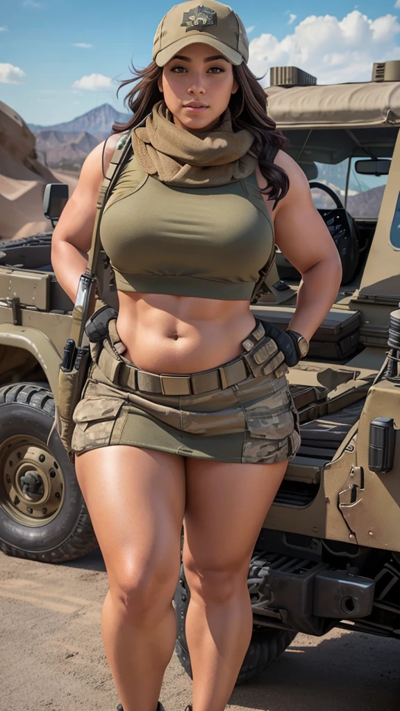 Women Military Scarf and Cap in a Military Jeep NSFW ,curvy body, thick high, Loong legs, wide hips, full body in ruins