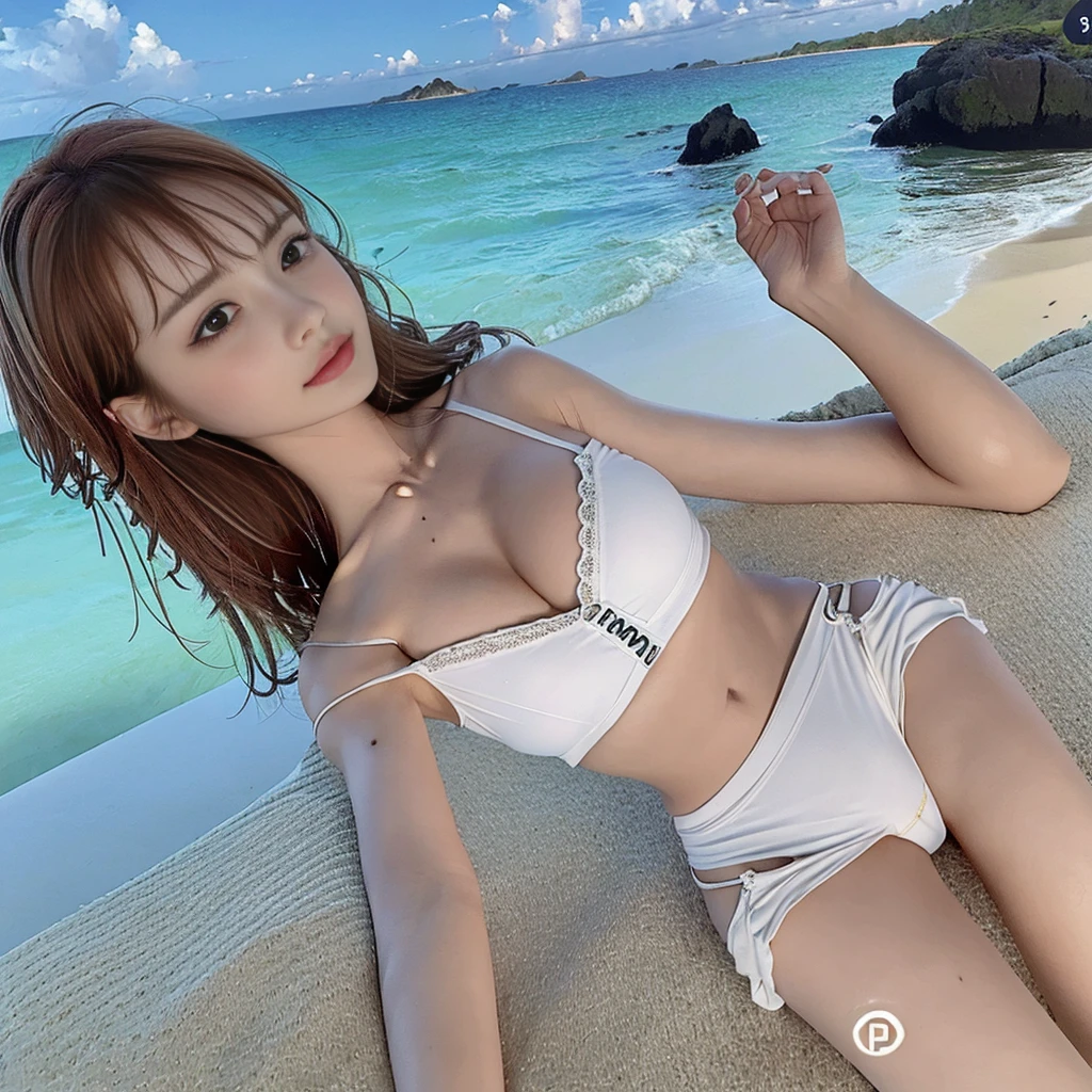 NSFL, Realistic, Very high resolution, (High Resolution: 1.5), ((Perfect Anatomy)), Anatomically Correct, (Perfect Body Female: 1.5), Soft Light, (One Woman), alone, (Detailed face), Long Hair, With bangs, Lying on the beach, View from below, Huge breasts, ((Spread your legs))，Showing panties, See panties, secretary_uniform, Black mini skirt, Open chest