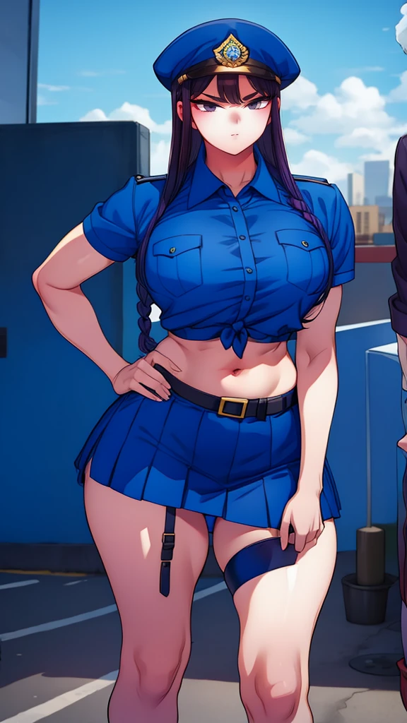 a cartoon character in a sexy suit posing on the street with a bush, police officer, police uniform, 1 girl, police woman, shirt, skirt, hat, tie, police cap, blue eyes, gloves, breasts, purple hair very dark, thighs, solo, navel, garter straps, looking at viewer, short sleeves, large breasts, underwear, miniskirt, midriff, ass visible through thighs, panties, outdoors, indentation, braid, hand in hand hip, belt, black skirt, uniform, collared shirt, frown, thigh highs, peaked cap, crop top, black panties, blue shirt, chest pocket, V-shaped eyebrows, Eiko Tsukimi, blue eyes, purple hair very dark baseball cap
