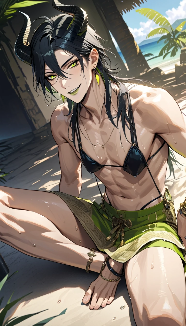 masterpiece, highres, absurdres, illustration, ((masterpiece:1.4, best quality)), (Ultra detailed background), 1boy, handsome man, highly detailed beautiful face and eyes, beautiful eyes, (sharp detail:1.3), shiny, earrings, bracelet, (wet bikini:1.3), Bari, Cebu Island, plumeria, near the beach, 1boy, sitting on floor, dynamic angle, full body, malleus draconia (twisted wonderland) horns, bishounen, boy, male, yana Toboso style, long hair, black hair, yellow green eyes, smile, gray lips, handsome, skinny, tall, yellow green glow,AddXL