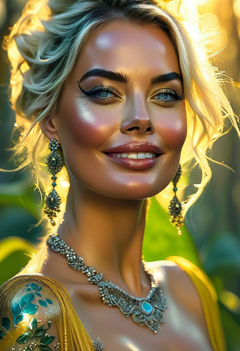 At the age of 33 years Margot Robbie with metallic silver makeup as a very hairy glamorously tattooed all over with metal implanted tattoos and garments filagree looking gorgeous and stunning in her most sort after beautiful way looking amazing and amazed trying to entice me to exit the woods in the sunshine with a marvellous backdrop of a mist covered forest the most beautiful ai can imagine with Margot looking as beautiful as I think she is nside and out, showing her inner smile glowing majestic realistic at blue coloured sun set the clouds in the sky humbling her and exalting her together and maturity all over her face lovingly somber with a diamond lotus in her hair behind her ears showing her feet, covered in jewels and jewellery made of precious diamond lotus and vine stems detail
