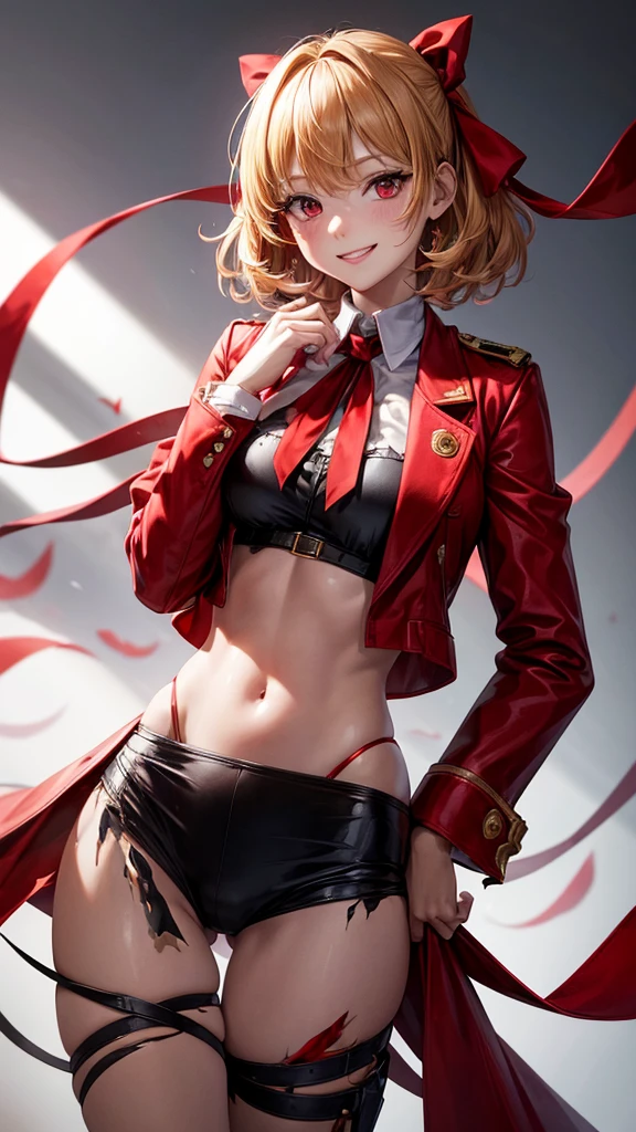 high quality, best quality, masterpiece, absurdres, red_jacket, ribbon, red_eyes, blond_hair, short_hair, hair_ribbon, smile, 1girl, torn clothes, cloth pieces,