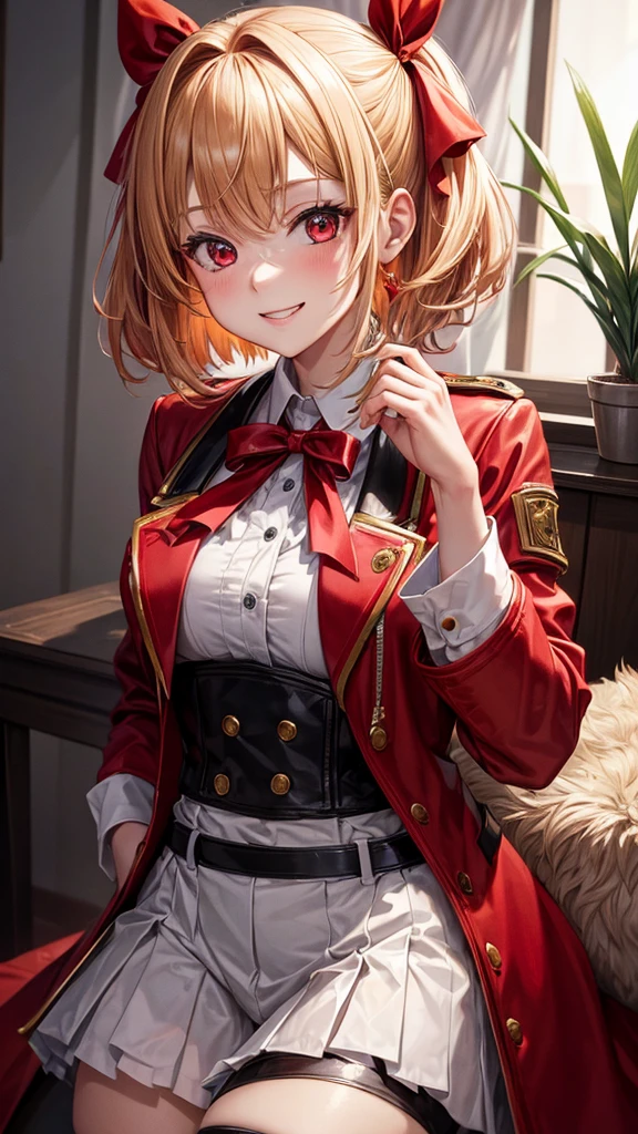 high quality, best quality, masterpiece, absurdres, red_jacket, ribbon, red_eyes, blond_hair, short_hair, hair_ribbon, smile, 1girl, torn clothes, cloth pieces,  