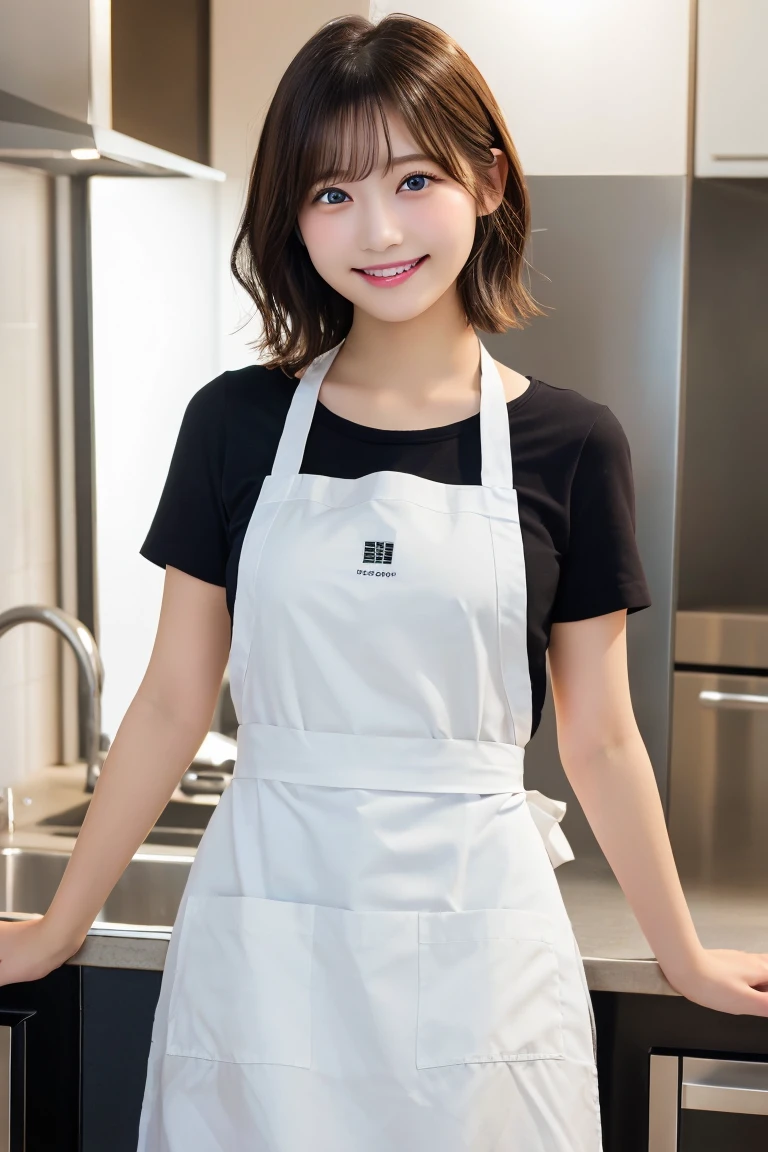 Highest quality、（beautiful）、Super delicate eyes、Brown eyes、22-year-old female、Blonde Hair、smile、looking at the camera、Semi-short hair、Gal、Naked Apron、