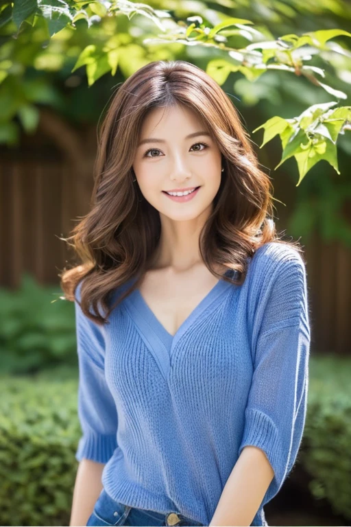 ((Highest quality, 8K, masterpiece: 1.3)), 1 female, Japanese, The beauty of slim abs: 1.3, (Dark chestnut brown, loosely wavy short hair: 1.2), Blue summer knit: 1.1, V neck design, , Perfect figure, Upturned chest, Delicate eyes, double eyelid, smile, garden, RAW Photos