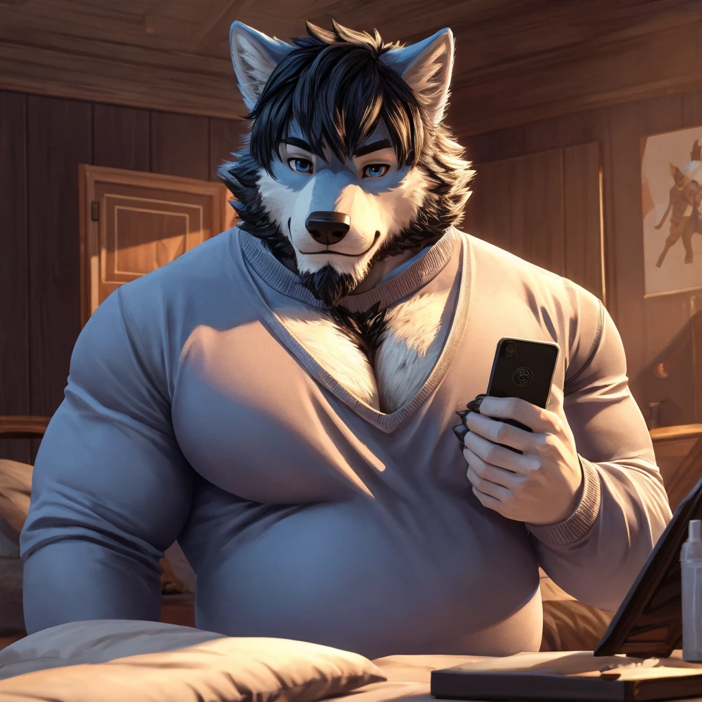 ((best quality)), ((masterpiece)), (Ultra detailed), ((4k)) Solo , Anthro Wolf , Light Blue Fur , Short Hair , Beard , Middle Ages , Big Pecs , Chubby Belly , Playing Games , Naked , Bedroom , Angry , Wear Headphone