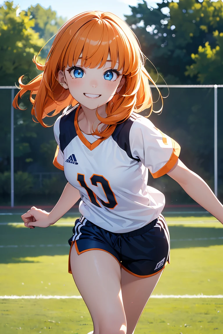 ((1 girl)), Latest trends in clothing, cheerful grin, animated expressions, sports clothes, shorts, blackstockings, running on the physical education field ((very detailled, highest quallity, high resolution, 8 k wallpaper, cute clothes,)),(hair orange, shorth hair, juvenile,bouncy hair, ((asymmetrical bangs)) ,(shining blue eyes),ombre, eyeliner,glowing eye, very detailledな目, complex eyes, gorgeous eyes, 輝くBright blue eyes 17 year old
