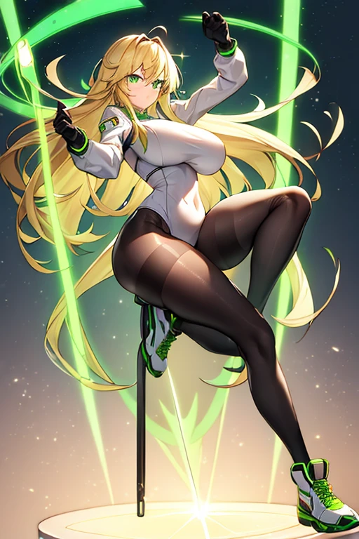 1girl, green eyes, blonde hair, long hair, large breasts, hourglass figure, bodysuit, white bodysuit, neon, neon trim, machinery, tech, science-fiction, futuristic, serious, standing, full body, ((full body)),, pantyhose, black pantyhose, wavy hair, fighting stance, drone, robot girl, sneakers