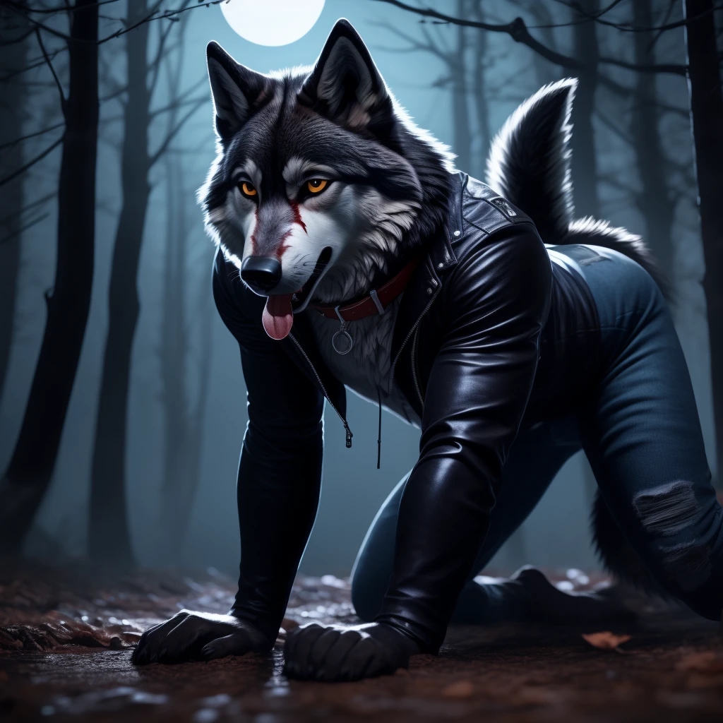 On all fours, Male, 30 years old, cute, eyeliner, mouth open with tongue hanging out, black leather jacket, anthro, wolf ears, (black fur:1.5), wolf, forest background, 8k, hi res, (best quality, masterpiece), (wolf tail:1.5), detailed fur, solo, night, collar, blue jeans, blood covered fur,
