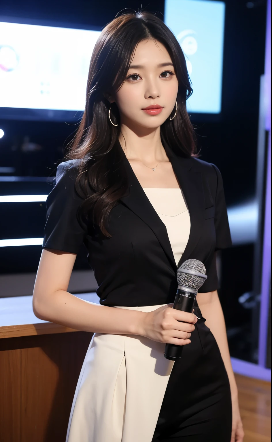 1Beautifulwoman, announcer, During the news program, Cowboy Shot, standing, looking at viewer, talking , using microphone, beautiful hand, fine fingers