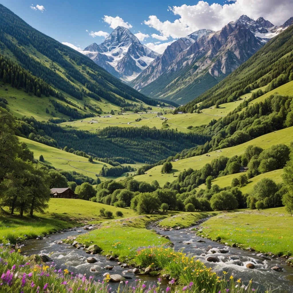 Describe a serene mountain landscape where a clear, winding river flows through a lush, green valley. Majestic peaks, dusted with snow, tower in the background, while the foreground is dotted with colorful wildflowers swaying gently in the breeze. How does the scene make you feel? What sounds and scents do you imagine in this tranquil setting?