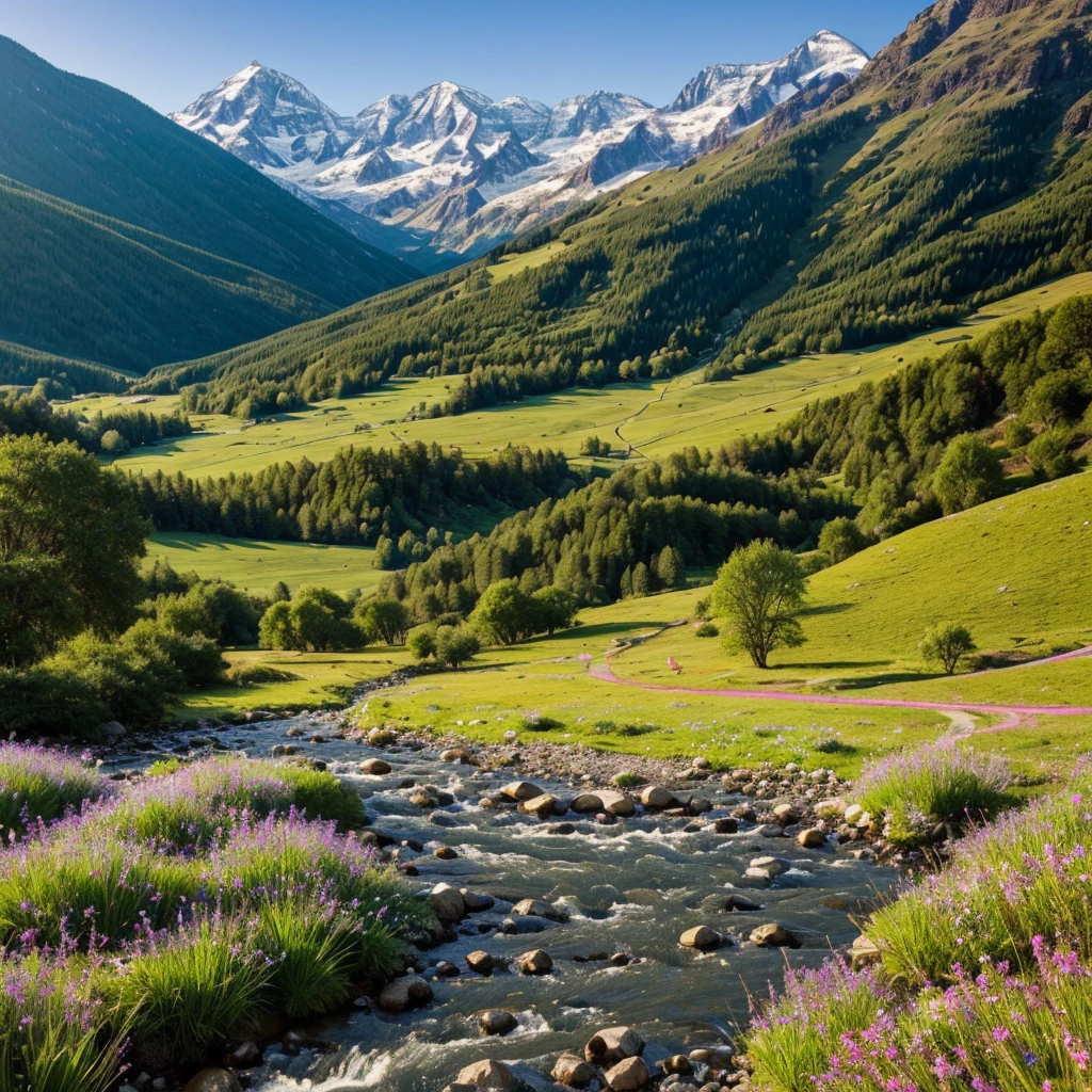 Describe a serene mountain landscape where a clear, winding river flows through a lush, green valley. Majestic peaks, dusted with snow, tower in the background, while the foreground is dotted with colorful wildflowers swaying gently in the breeze. How does the scene make you feel? What sounds and scents do you imagine in this tranquil setting?