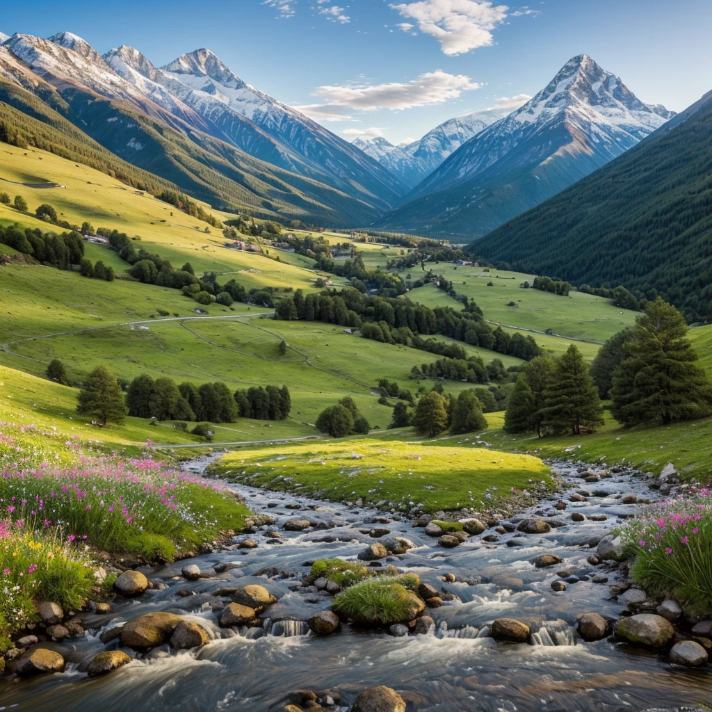 Describe a serene mountain landscape where a clear, winding river flows through a lush, green valley. Majestic peaks, dusted with snow, tower in the background, while the foreground is dotted with colorful wildflowers swaying gently in the breeze. How does the scene make you feel? What sounds and scents do you imagine in this tranquil setting?