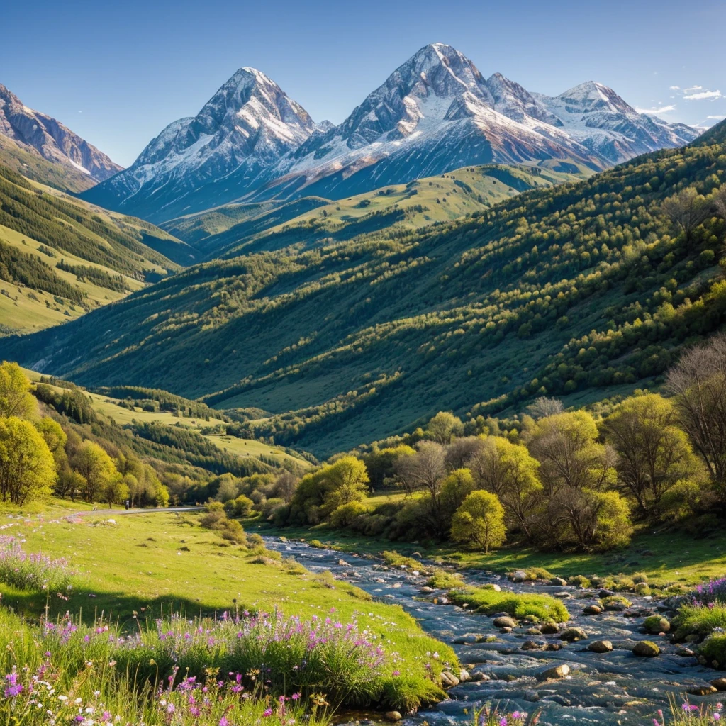 Describe a serene mountain landscape where a clear, winding river flows through a lush, green valley. Majestic peaks, dusted with snow, tower in the background, while the foreground is dotted with colorful wildflowers swaying gently in the breeze. How does the scene make you feel? What sounds and scents do you imagine in this tranquil setting?