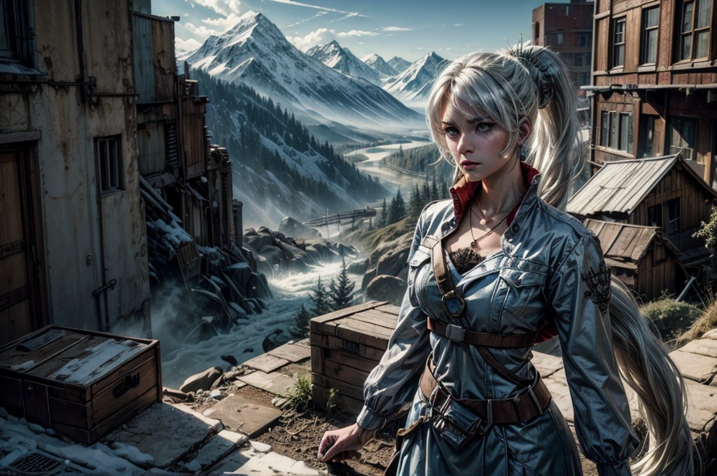 (masterpiece, best quality:1.2), cowboy shot, weissvale, expressionless, closed mouth, looking at viewer, long white hair, side ponytail, scar above eye, scar below eye, military uniform,  jewelry, necklace, earrings, in city ruins on hill, crowd (crowd in military uniform), overlooking valley, BREAK snow, BREAK mountains in background, waterfall, vehicle wreck, ,  bonfires, post-apocalypse, dystopian future, 