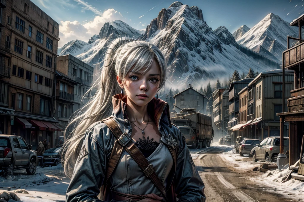 (masterpiece, best quality:1.2), cowboy shot, weissvale, expressionless, closed mouth, looking at viewer, long white hair, side ponytail, scar above eye, scar below eye, military uniform,  jewelry, necklace, earrings, in city ruins on hill, crowd (crowd in military uniform), overlooking valley, BREAK snow, BREAK mountains in background, waterfall, vehicle wreck, ,  bonfires, post-apocalypse, dystopian future, 