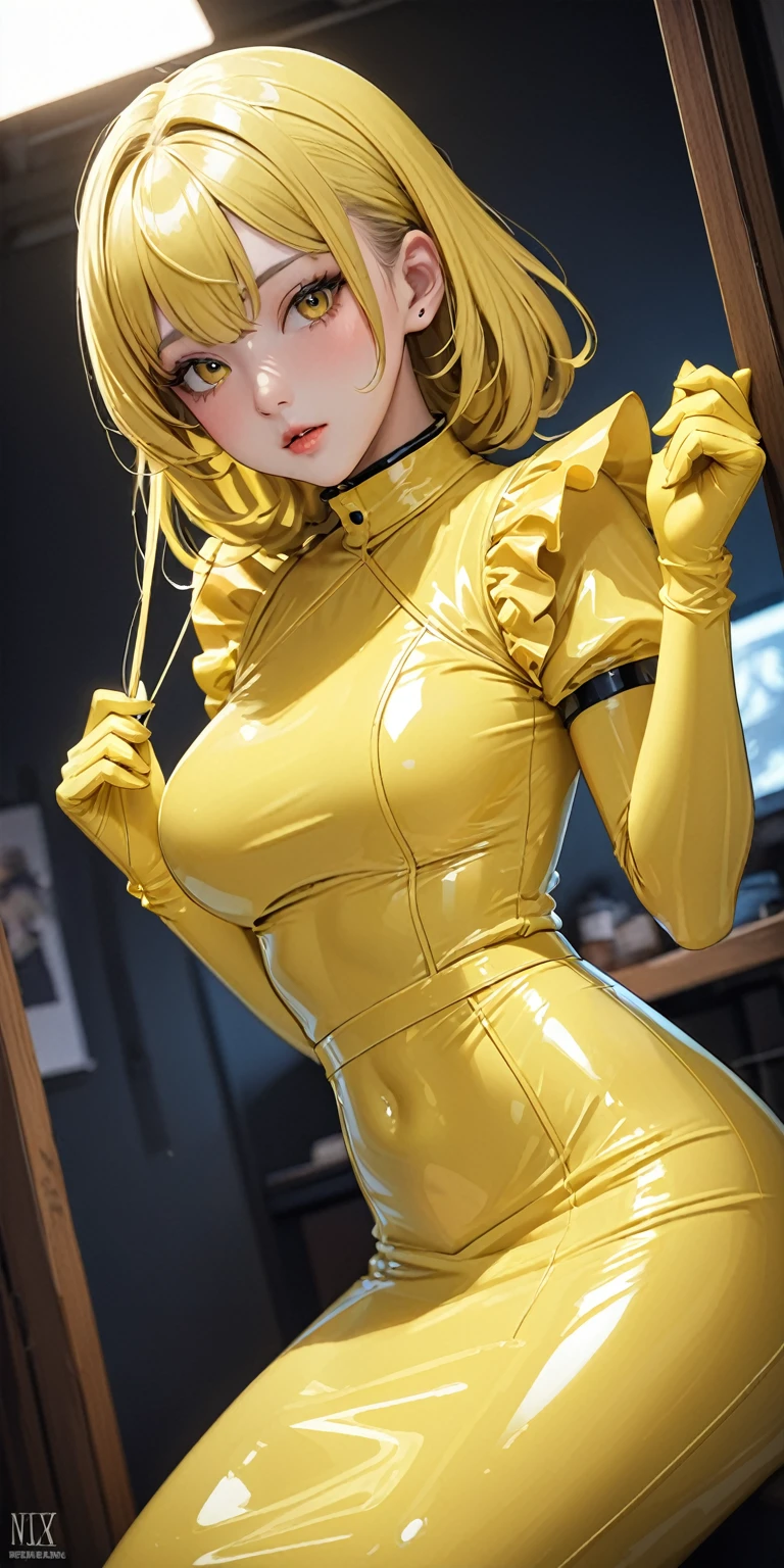 Portrait、(masterpiece,Highest quality,Ultra-high resolution),Japanese women, (((Very beautiful 25 year old girl))),(Yellow latex maid outfit)、(Yellow latex long skirt)、(A yellow latex long-sleeved shirt covering the upper body)、Yellow latex long gloves、Yellow latex socks、Latex bodysuit、The clothes fit snugly to the body、Latex is very shiny、Dark Room、
