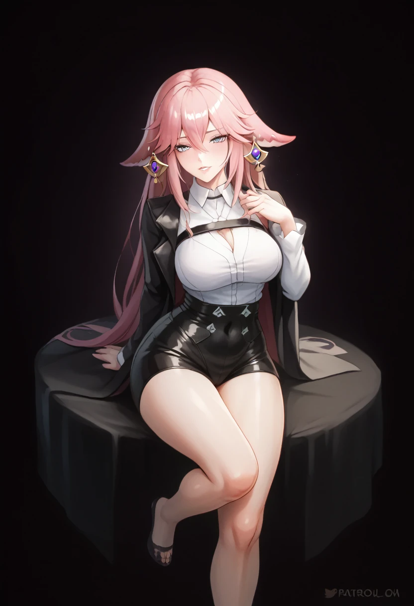 Character Yae Miko from Genshin Impact, full body (1.1), dark background, correct anatomy (1.1), correct hand anatomy, very feminine, beautiful figure, legs, beautiful body, white hair, very detailed, detailed body, detailed hands, detailed eyes, super fine illustration, best shading, fine detail, beautiful detailed glow, beautiful detail, extraordinarily beautiful, extremely detailed, ((artwork)), ((high resolution)), ((best quality)), extremely fine and beautiful, super fine illustration, (realistic skin), (incredibly detailed anime eyes), vivid and beautiful, shocking sensation, incredibly detailed, beautiful detailed girl, flexible breasts, front view, facing the viewer, (transparent: 0.5), (very long hair), profile, sitting, wide hips, cinematic lighting, perfect shadow, realistic shaded lighting, HDR, soft light, ((best quality)), ((artwork)), (detailed), subtle, door, looking at the viewer, slightly parted lips, torso, black suit, wearing black business suit, gothic tone art.