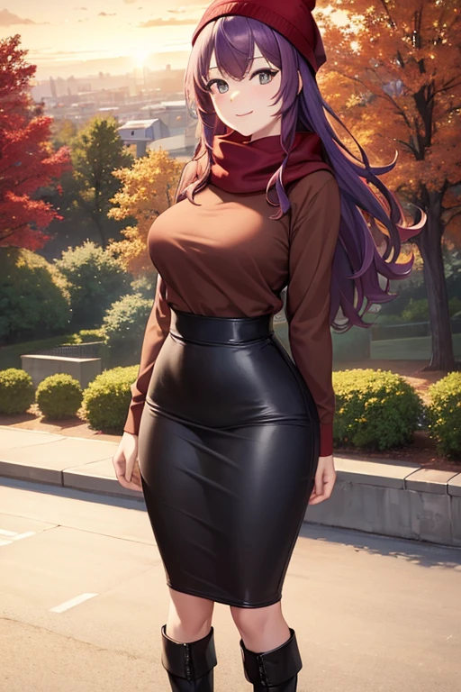 ((masterpiece, best quality)), highres, beautiful woman looking at viewer, wide hips, smiling, brown hoodie, black midi pencil skirt, pencil skirt, red beanie, leather boots, red scarf, full body, medium purple hair, wavy hair, garden, fall evening, sunset, trees, leaves falling, park, flowers