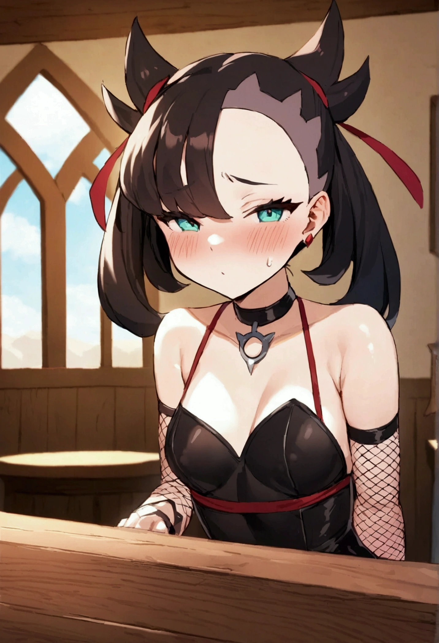 NSFW,masterpiece,Highest quality,High resolution,Super detailed,marnie_\(pokemon\),Aqua Eye, Black Choker, Red ribbon,Black leotard,Micro Mini Skirt,Removable sleeves,Fishnet tights,Small breasts,Be nervous,blush,Fantasy,Adventurer&#39;s Guild,counter