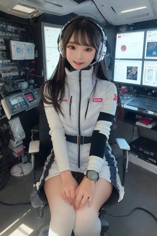 masterpiece, Highest quality, Very detailed, 8K Portrait,Japanese Android Girl,plump , Control panel,Robotic arms and legs, Blunt bangs,,break (Metallic Gray, Metallic luster, Mirror finish, Astro Best):5,headphone:5,break (Black sleeves):100,Smart Watches,Futuristic space station,Control Room,break headphone,blue eyes,(Black Hair):2,(Long Hair):1.3,Viewer Display,(respirator),break blush:3,Hidden Hand,smile