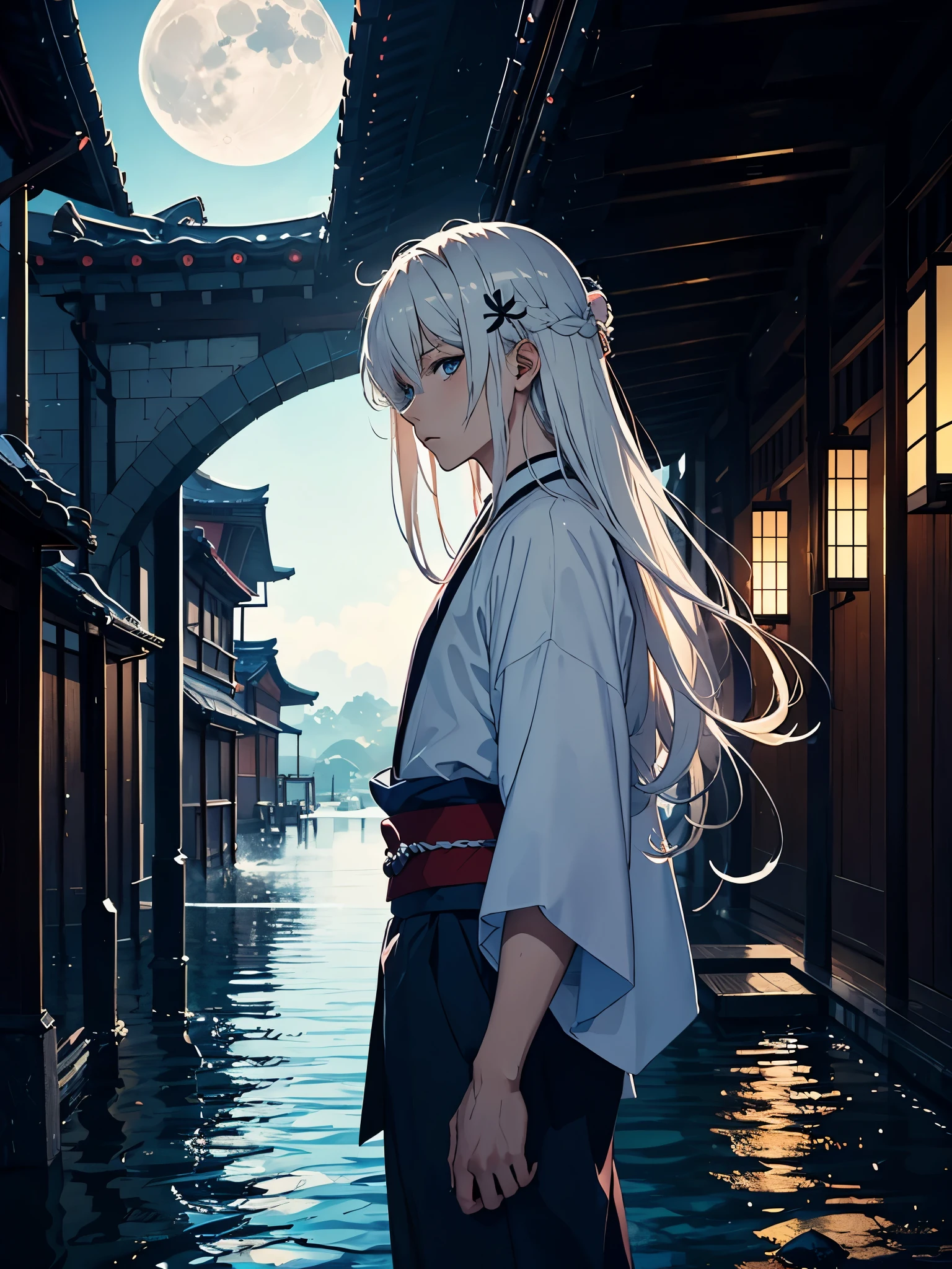 Roter Kimono. Rote Blumen. Japanisches Tor. Tori. Blue wolf. Kimono. . More anime. light blue light. Bright bright light. male. Long hair. long white hair. aquatic, boy, God of the Moon, silver hair accessories, White hair.
