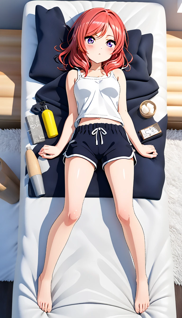 One girl, Nishikino Maki, wearing a thin plain white tank top, pajama shorts, posing on a bed in a bedroom, no objects on the bed, BREAK (masterpiece, top quality, high resolution, ultra detailed, (ultra detailed skin: 1.3), (ultra detailed hair: 1.3), (perfect anatomy: 1.5), (perfect anatomy: 1.5), (beautiful eyes, 5 fingers: 1.3), (highly detailed face and skin texture: 1.3), (crisp details), {background blur: 1.3}, (perfect lighting), high resolution CG, Unity 8k wallpaper, official art, (full body composition: 1.22), (character focus: 1.22), (blush: 1.22), (upward glance: 1.22), 3D rendering, conceptual art, sharp sketch, id_maki_nishikino