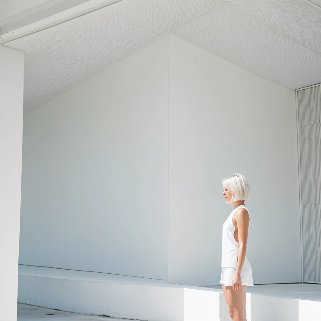 short white hair women the background of a minimalist beautiful white architecture