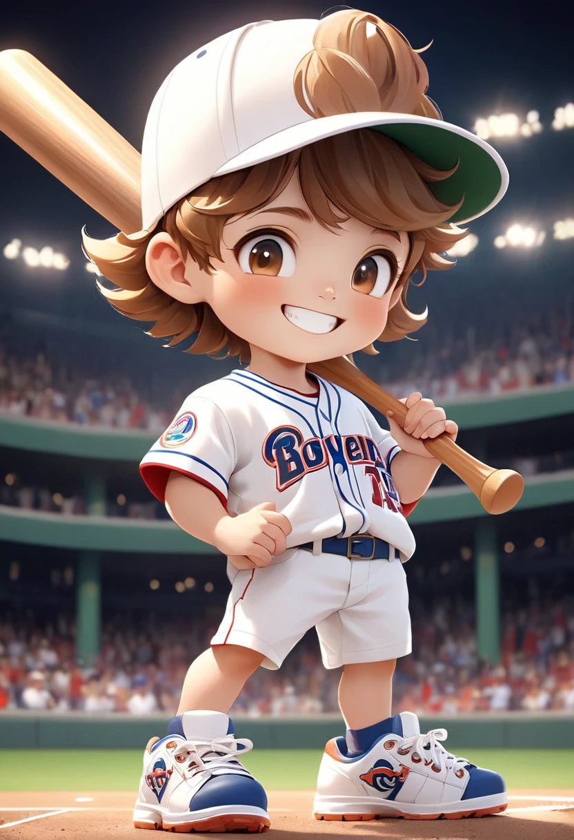   Very cute boy baseball player holding bat in hand baseball player white hat jersey sneakers very cute smiling looking at the audience

             ( perfect anatomy ) Beautiful and extremely fine texture，detailed, bright, Animation style high definition and high quality presentation