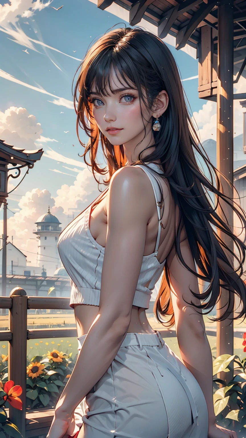 ((masterpiece)),((best quality)),((High detail)),((Realistic,)), 1 shy girl, sensual expression, elegant makeup, long brown hair, seductive eyes, bright lips, sexy pose, (beautiful detailed face: 1.0), smiling, feminine approach, tank top, tight t-shirt, big breasts, pointed breasts, (perfect body), prominent nipples, bare abdomen, pink mini-skirt, skirt lifted by the wind, panties under the skirt, white panties, standing and watching the sky, sunset in the city, tight clothes,