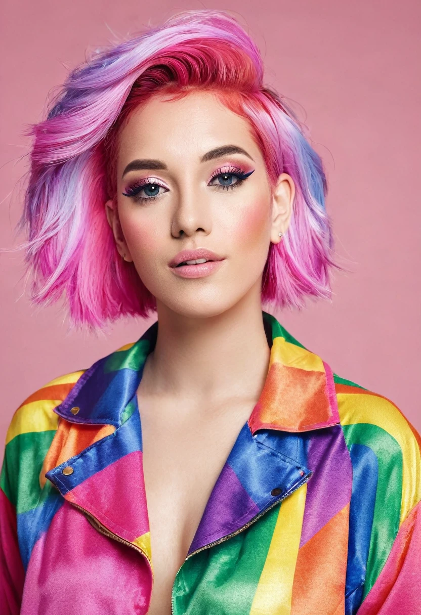 A beauty woman with pink hair and a colorful LGBT clothes