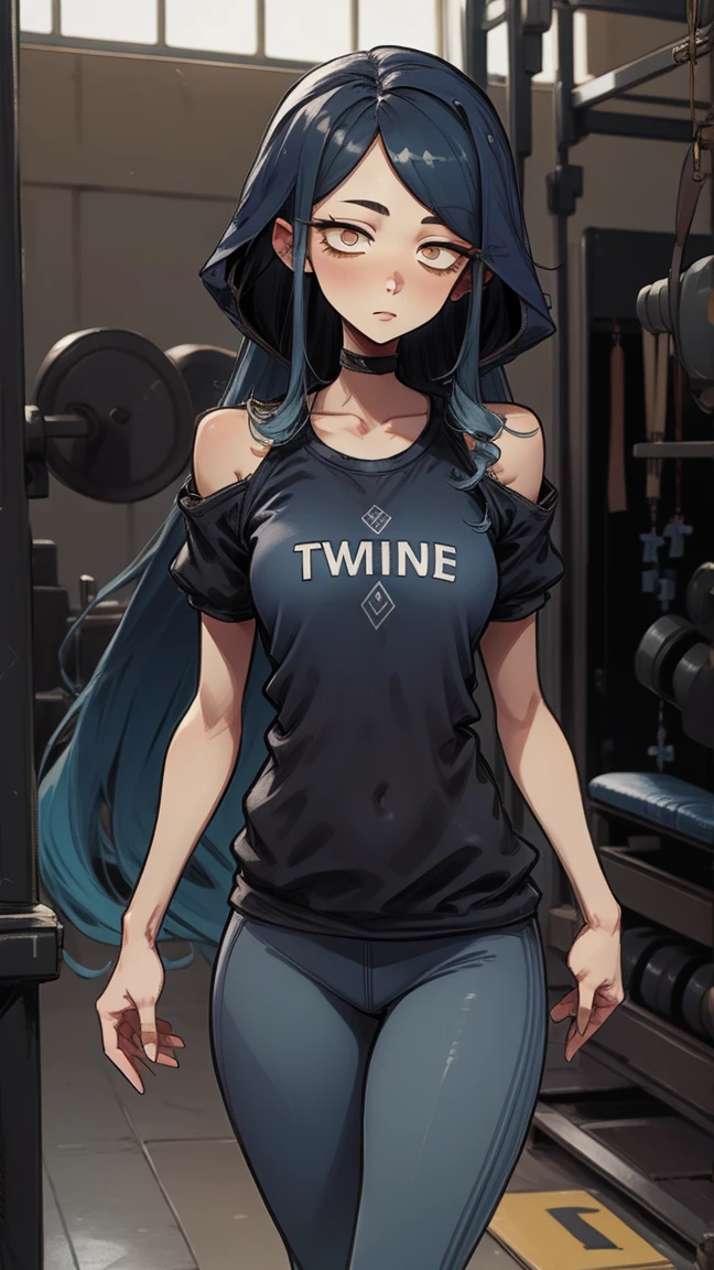 Leila, Bright eyes, blue hair, whole body, in gym, in leggings and a sports top