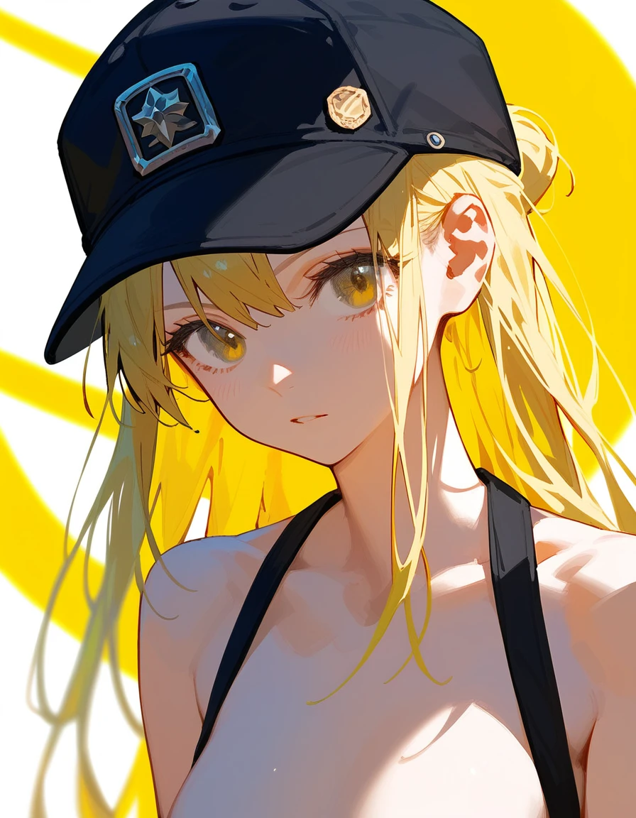 1 girl, , , anime girl, yellow hair, yellow eyes, upper body, black cops cap, naked, blur background, simple background