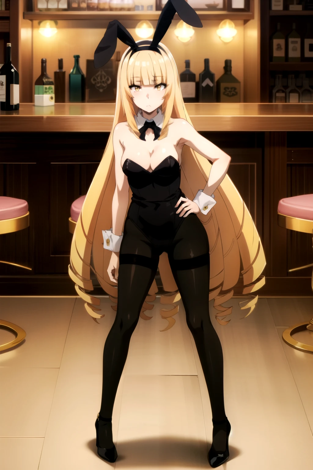 One girl, Blonde, Long Hair, View your viewers, Yellow Eyes, bangs, blunt bangs, full body, Mouth closed, black playboy bunny), (black fake rabbit ears), (black pantyhose), (black high-heels),standing, full body, looking at viewer, indoors, Underexpose Lighting, bar