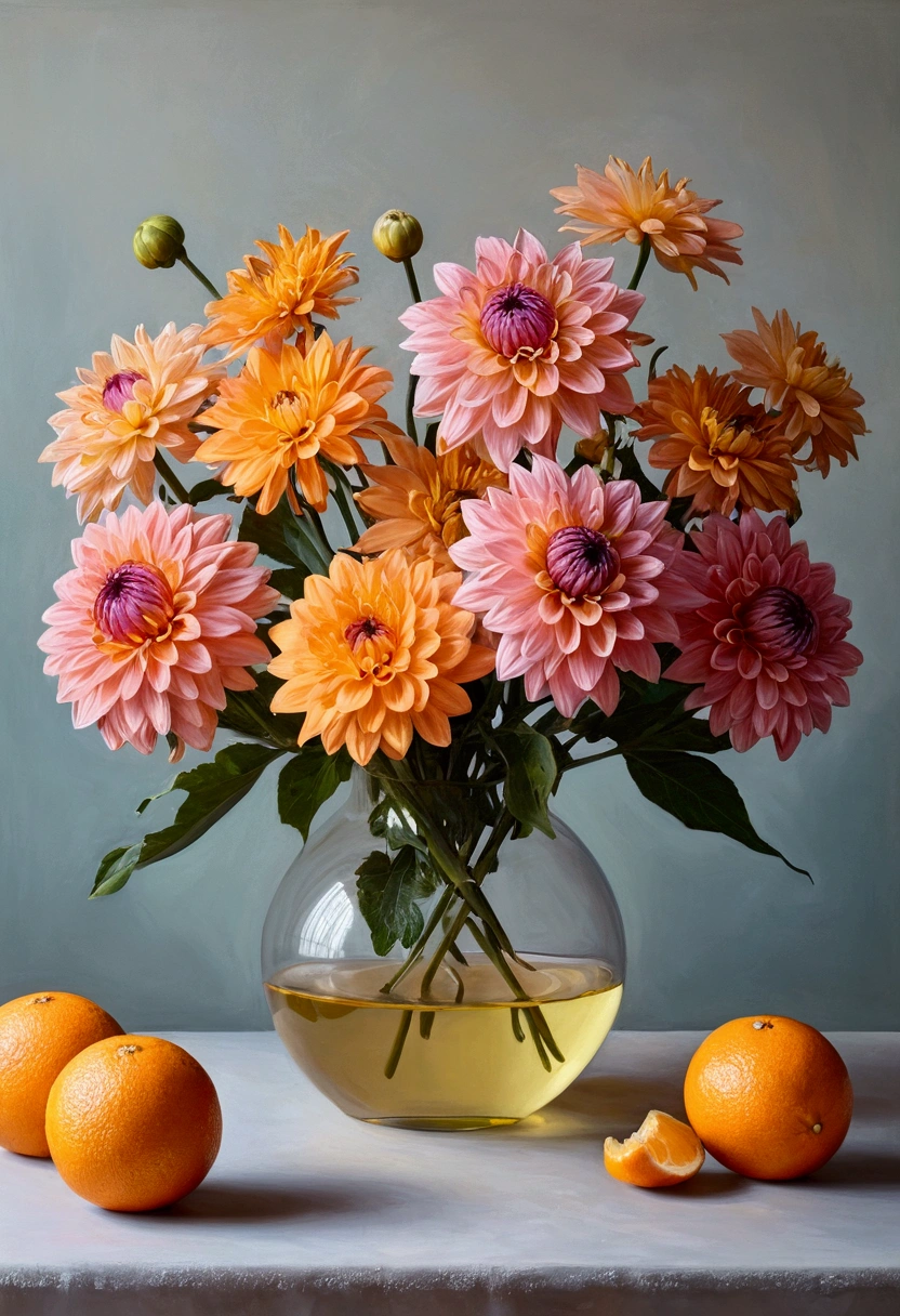 There is a vase of flowers and oranges on the table, Pastel paintings inspired by François Bocquet, Unsplash, Baroque, Great composition, Dahlia, Paper Chrysanthemum, Floating Bouquet, Magic Flower, Realistic Flower Oil Painting, Soft and complex, Great composition, Platonic ideals of flowers, Beautiful composition, still life photography, Pink and yellow flowers