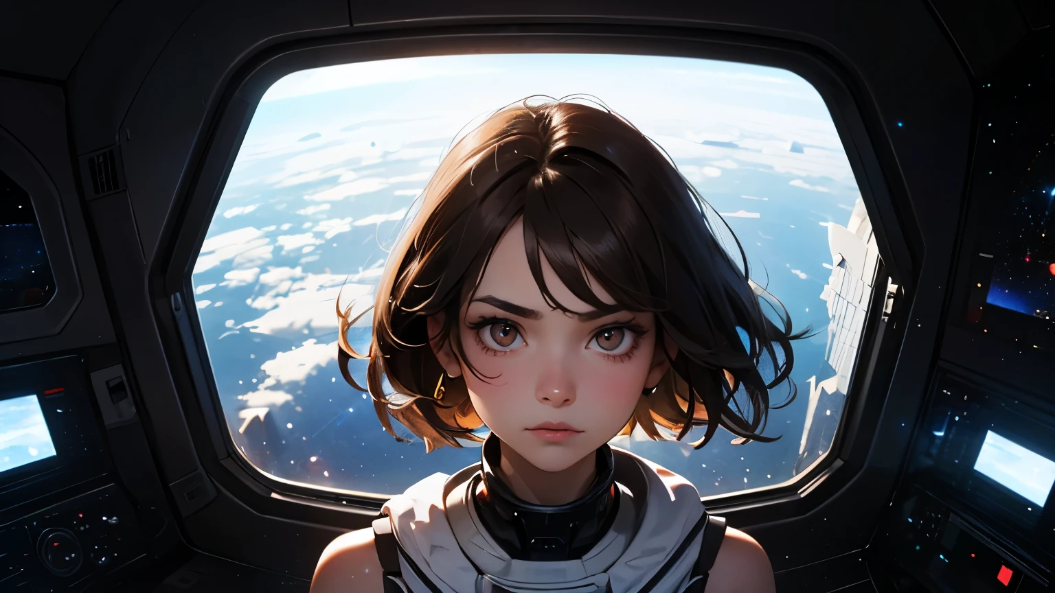 An image of a close-up of the upper body. A beautiful woman. Twenty years old. Dark brown hair. She is looking at the camera with a serious expression. An image of a door and outer space in the space behind her.