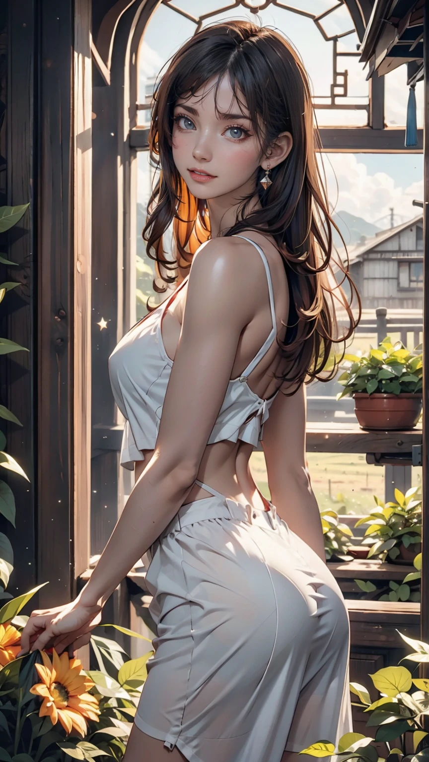 (Reality: 1.3), Are you okay, quality, Rembrandt Lighting, (masterpiece: 1.2), (Reality: 1.2), (Best quality), (Skin Details: 1.3), (Exquisite detail), dramatic, Idyllic, Ray Tracing, One girl, Chinese Yellow Girl, Long black hair, 24-years-old, Modern Fashion (Pasture, sun, cloud, fields, farm, Starlight, Trail) 、Sexy proportions、Sexy、adult、erotic、Long eyelashes、Natural Makeup