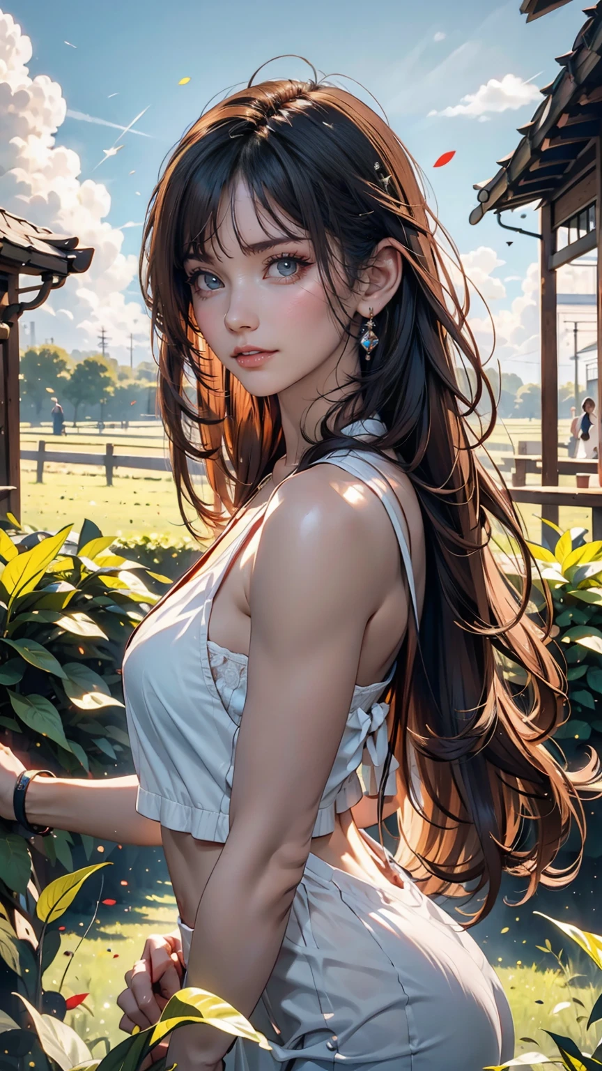 (masterpiece:1.4),, (Highest quality:1.4),, Ultra-high resolution,, 8k, CG,, (Very delicate and beautiful:1.2),, , Upper Body,, From the side,, View your viewers,, , One girl,, alone,, Fashionable Girl,, mature,, , cute, sweet,, , In the wheat field,, Blurred Background,, , Long brown hair,, ponytail,, , Brown eyes,, Mouth closed,, Red lips,, , Face blown by the wind,, , White Dress,, Medium chest,