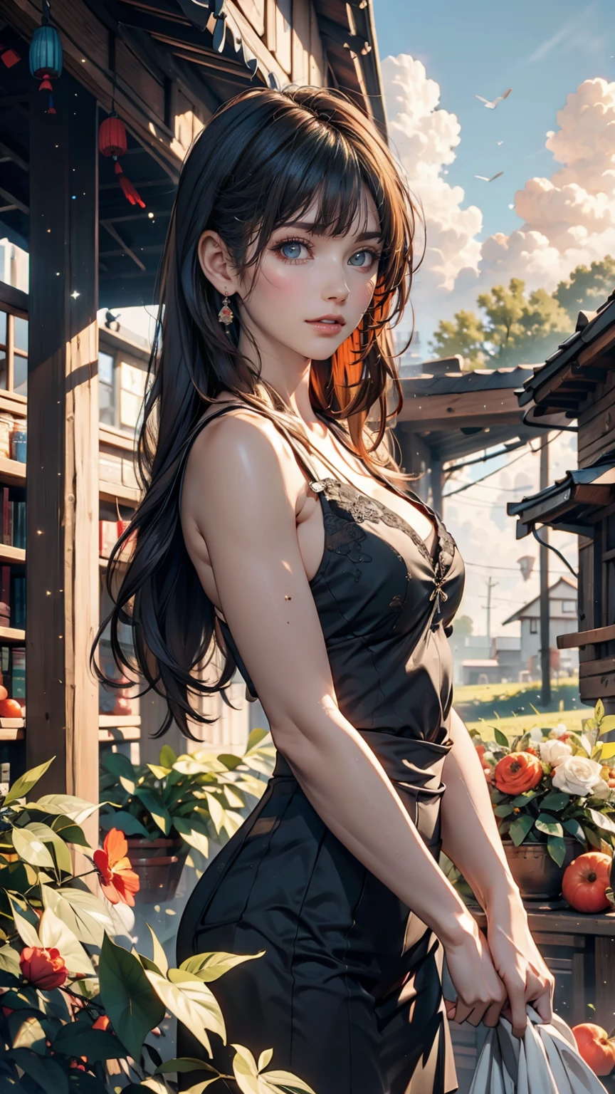(Reality: 1.3), Are you okay, quality, Rembrandt Lighting, (masterpiece: 1.2), (Reality: 1.2), (Best quality), (Skin Details: 1.3), (Exquisite detail), dramatic, Idyllic, Ray Tracing, One girl, Chinese Yellow Girl, Long black hair, 24-years-old, Modern Fashion (Pasture, sun, cloud, fields, farm, Starlight, Trail) 、Sexy proportions、Sexy、adult、erotic、Long eyelashes、Natural Makeup