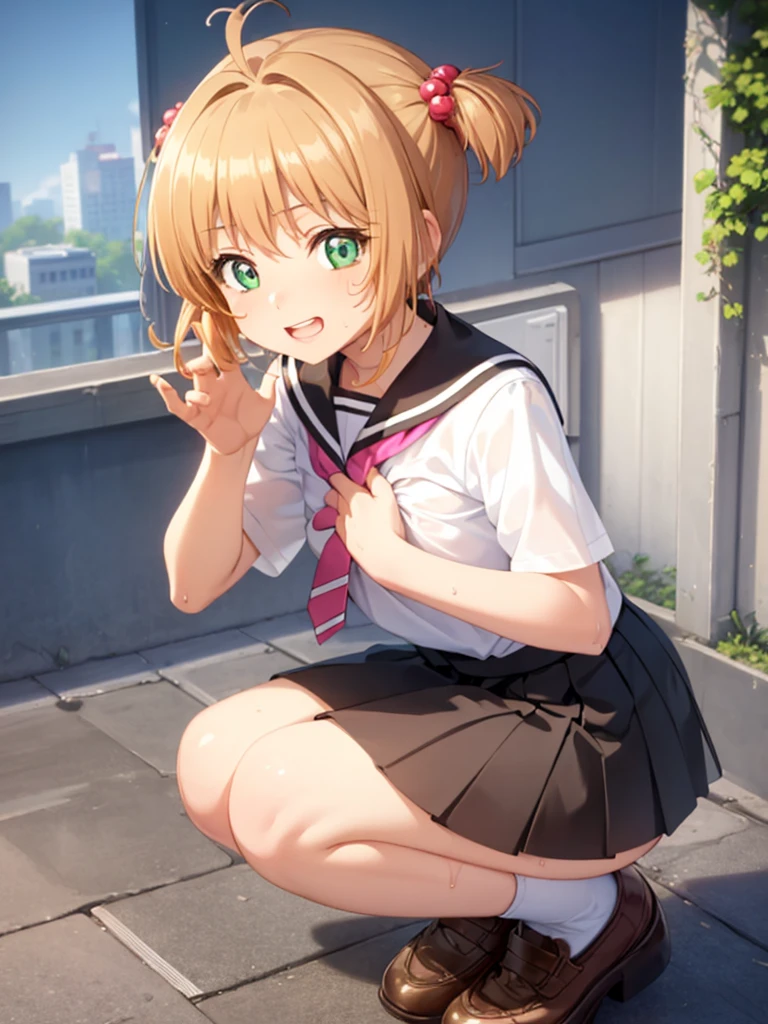 (masterpiece:1.2), best quality, high resolution, unity 8k wallpaper, (illustration:0.8), (beautiful detailed eyes:1.6), extremely detailed face, extremely detailed fingers, perfect lighting, extremely detailed CG, (kinomoto sakura, green eyes, short hair, two side up, 12 years old, short stature, small breast, solo,), squatting, no bra, show off nipple, little nipple, sailor suit, pink tie, open-breast clothes, wet clothes, short black skirt, lift skirt, show off panties, pink striped patterns panties, brown shoes, vagina, gleaming skin, moist skin, embarrassed, open mouth, evening, rooftop, front view, low angle, looking at viewer, grin,