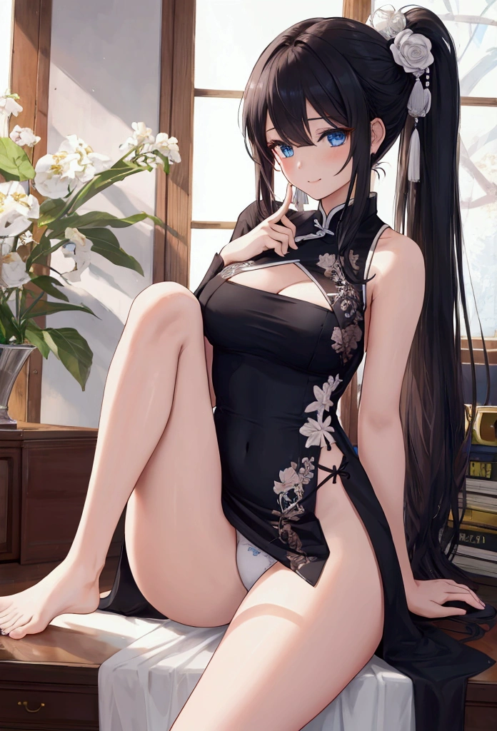 (photoRealistic:1.2), (highest quality:1.1), (Detailed skin:1.3), (Intricate details), Detailed skin texture,
1girl, 19 years old,
(((In the study))),
(blush:0.8), ((shy face)), happy, smile, cum, laughing,
(Depict from HIP to head) ,
Black Hair, Straight Hair, medium Long Hair, bangs, Hair between the eyes, Reduce hair volume,
Sparkling blue eyes, Lens Eye, Light reflection in the eyes, Symmetrical eyes, (high light in the eyes), shining eyes, eyelashes, looking at the camera,
Close-fitting clothing, Wearing China dress, Side slits, (knee length China dress), Floral prints, (white g-string panty), Separate panties and clothes, ((let the hem of the dress to the side)), The front and back of the skirt are the same length,
A skirt that doesn't cling to the body, The front and back of the skirt are connected on one side. A woman has two legs.., Two arms, Five fingers, Two joints in the fingers, barefoot, Perfect leg length
Spread her legs very wide, (touch her hip)
(Bare her chest), (Bow-legged), (Mucus on thighs)