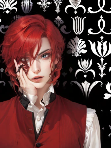 arafed image of a woman with red hair and a red vest, inspired by Louis Grell, inspired by Sebastian Vrancx, inspired by James Bolivar Manson, inspired by Tommaso Dolabella, androgynous vampire, inspired by Chica Macnab, crimson red hair and red eyes, portrait of hisoka hunter hunter, drawn with photoshop