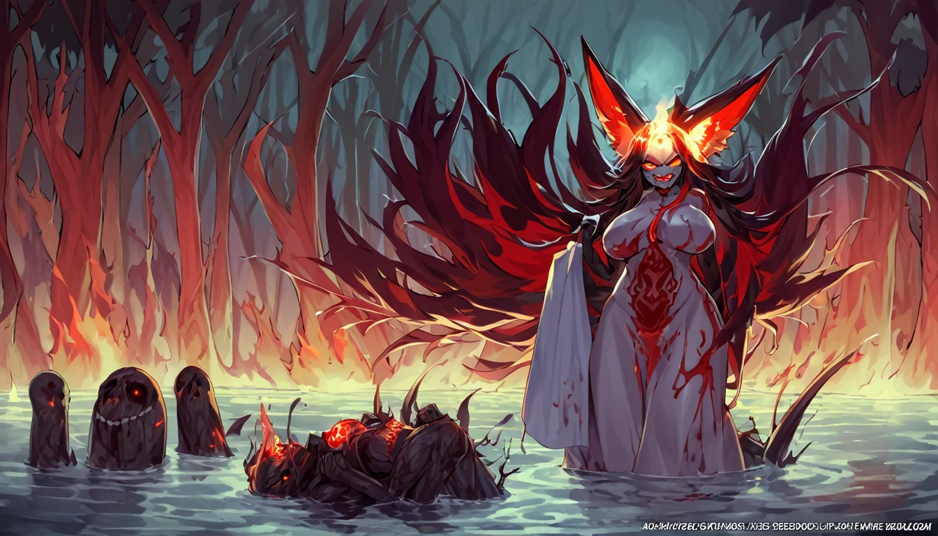 a beautiful detailed kitsune woman with long black fox ears and tails, glowing red eyes, highly detailed mature and curvy figure, large breasts, holding a towel, ruling over a lake with a huge red blood moon reflecting in the water, surrounded by a burning forest full of charred corpses, terrifying smile with glowing red eyes, body covered in dark sinister stains, (best colors,extreme detail description,professional,horror,fantasy