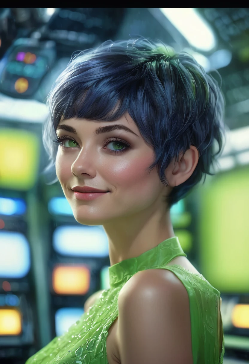 1 woman, in front of a control panel, wearing a lime green dress, detailed facial features, light feminine eyes, detailed light skin, capri blue pixie cut hair, strong lighting, happy expression on her face, cold cinematic composition, atmospheric fog, beautiful face, thin chin, beautiful woman, feminine and beautiful, 25 years old (best quality, 4K, 8K, high resolution, art: 1.2), ultra-detailed, (realistic, photorealistic, photorealistic: 1.37)
